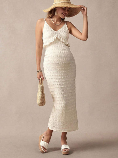 Khaki Striped Ruffled Slit Maternity Dress, Stylish For Dates, Maternity Wear, Maternity Dresses, Maternity-Friendly Clothing, Summer Maternity Wear, Best Maternity Wear, Beach Vacation, Summer Leisure Vacation.