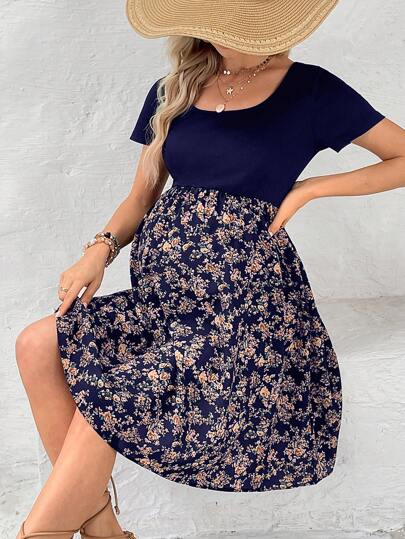 Boho Navy Blue Ditsy Floral Maternity Dress - Short Sleeve Scoop Neck High Waist A-Line Ruffle Hem Vacation Mini