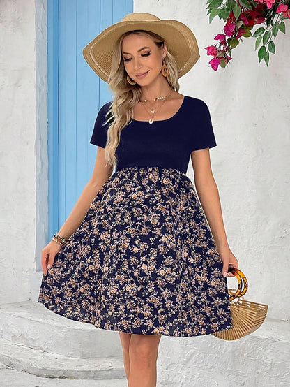 Boho Navy Blue Ditsy Floral Maternity Dress - Short Sleeve Scoop Neck High Waist A-Line Ruffle Hem Vacation Mini