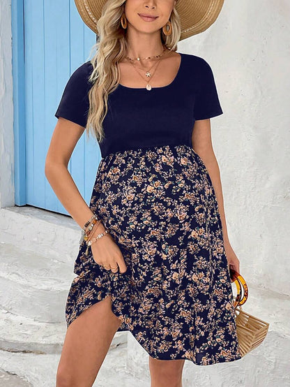 Boho Navy Blue Ditsy Floral Maternity Dress - Short Sleeve Scoop Neck High Waist A-Line Ruffle Hem Vacation Mini