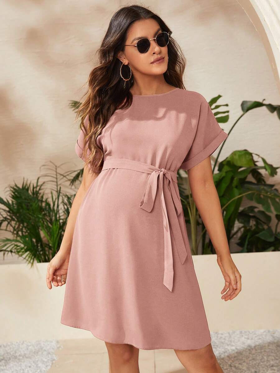 Maternity Short Batwing Sleeve Belted Tunic Dress, Casual High Waist Round Neck Flared Mini Outfit for Daily Wear, Apricot
