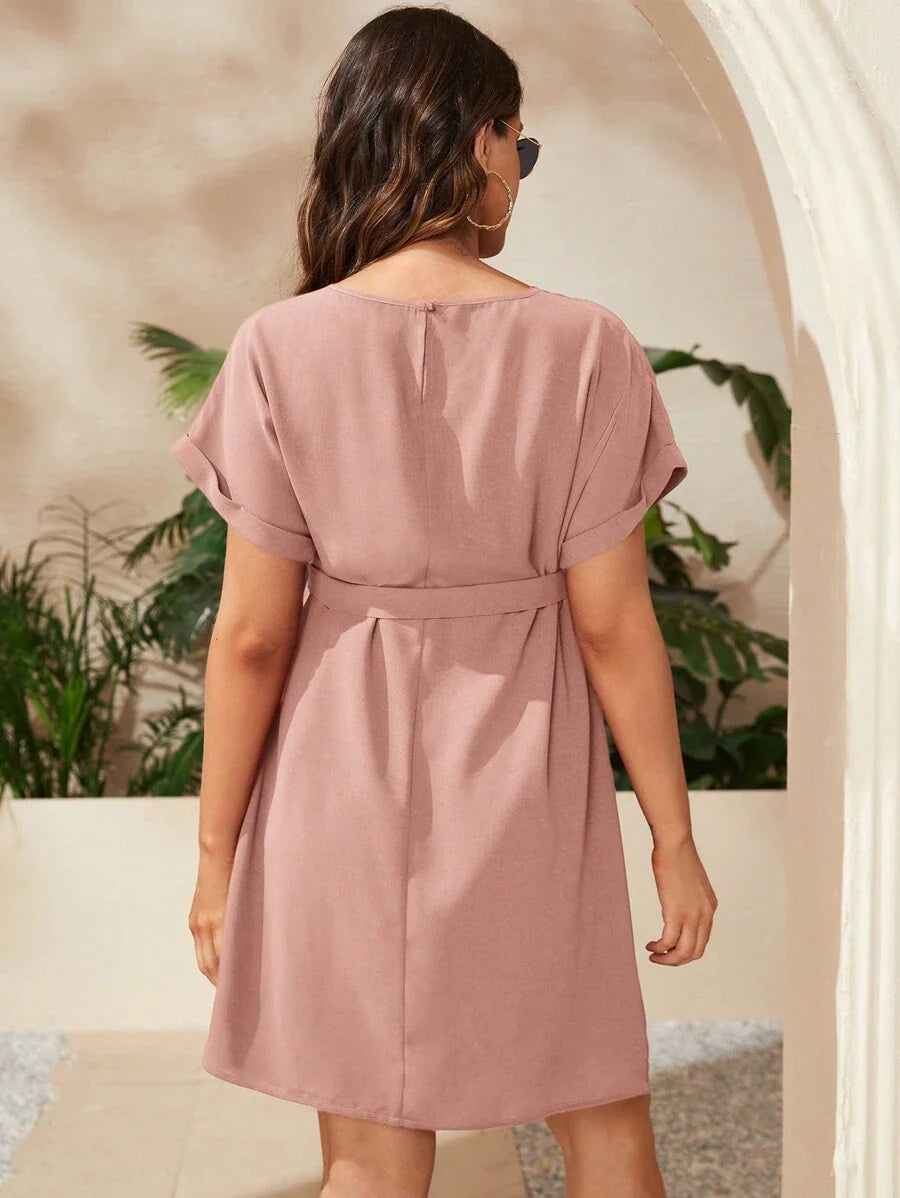Maternity Short Batwing Sleeve Belted Tunic Dress, Casual High Waist Round Neck Flared Mini Outfit for Daily Wear, Apricot