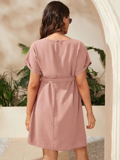 Maternity Short Batwing Sleeve Belted Tunic Dress, Casual High Waist Round Neck Flared Mini Outfit for Daily Wear, Apricot