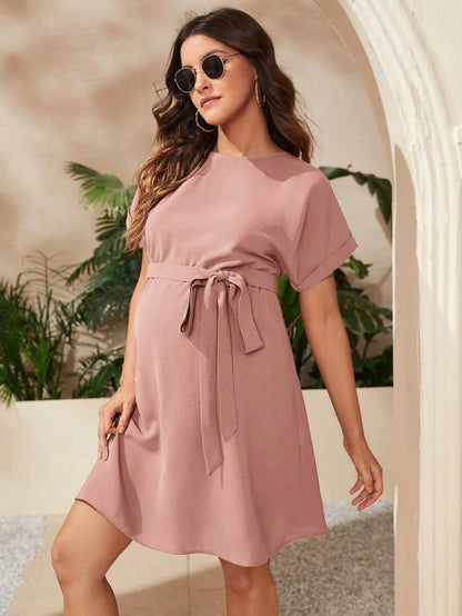 Maternity Short Batwing Sleeve Belted Tunic Dress, Casual High Waist Round Neck Flared Mini Outfit for Daily Wear, Apricot