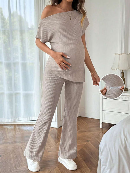 Maternity Asymmetrical Neck Batwing Sleeve T-Shirt and Long Pants Set Navy Blue Slim Fit Home Loungewear 2 Piece Outfit