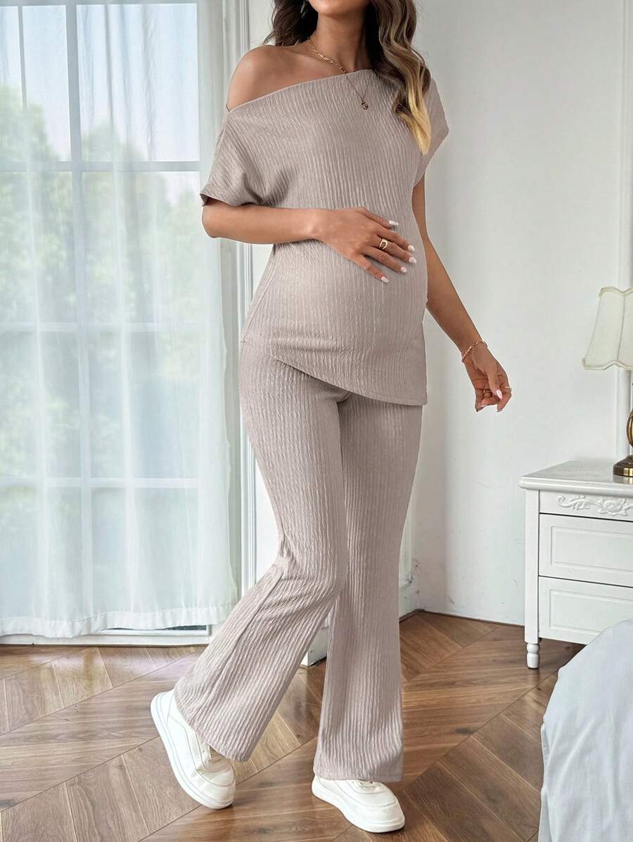 Maternity Asymmetrical Neck Batwing Sleeve T-Shirt and Long Pants Set Navy Blue Slim Fit Home Loungewear 2 Piece Outfit