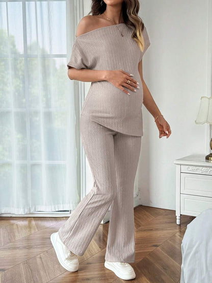 Maternity Asymmetrical Neck Batwing Sleeve T-Shirt and Long Pants Set Navy Blue Slim Fit Home Loungewear 2 Piece Outfit