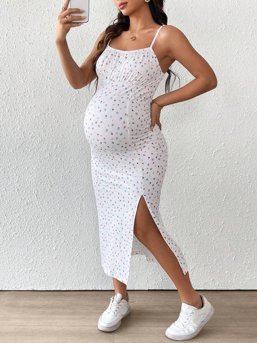 Maternity Floral Print Spaghetti Strap Side Slit Midi Dress Boho Slim Fit Geometric Cami Sun Dress for Home and Summer