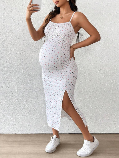 Maternity Floral Print Spaghetti Strap Side Slit Midi Dress Boho Slim Fit Geometric Cami Sun Dress for Home and Summer
