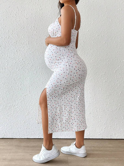 Maternity Floral Print Spaghetti Strap Side Slit Midi Dress Boho Slim Fit Geometric Cami Sun Dress for Home and Summer