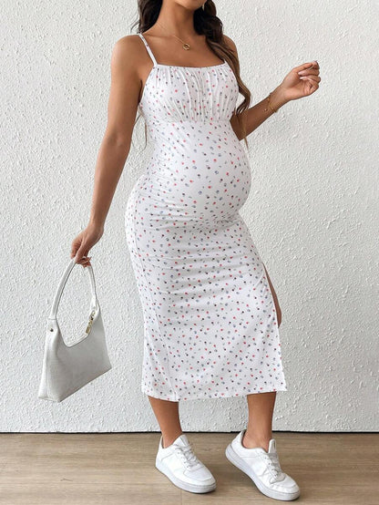 Maternity Floral Print Spaghetti Strap Side Slit Midi Dress Boho Slim Fit Geometric Cami Sun Dress for Home and Summer