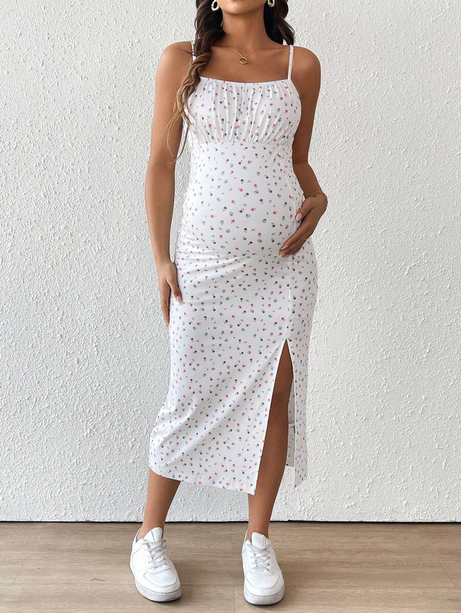 Maternity Floral Print Spaghetti Strap Side Slit Midi Dress Boho Slim Fit Geometric Cami Sun Dress for Home and Summer
