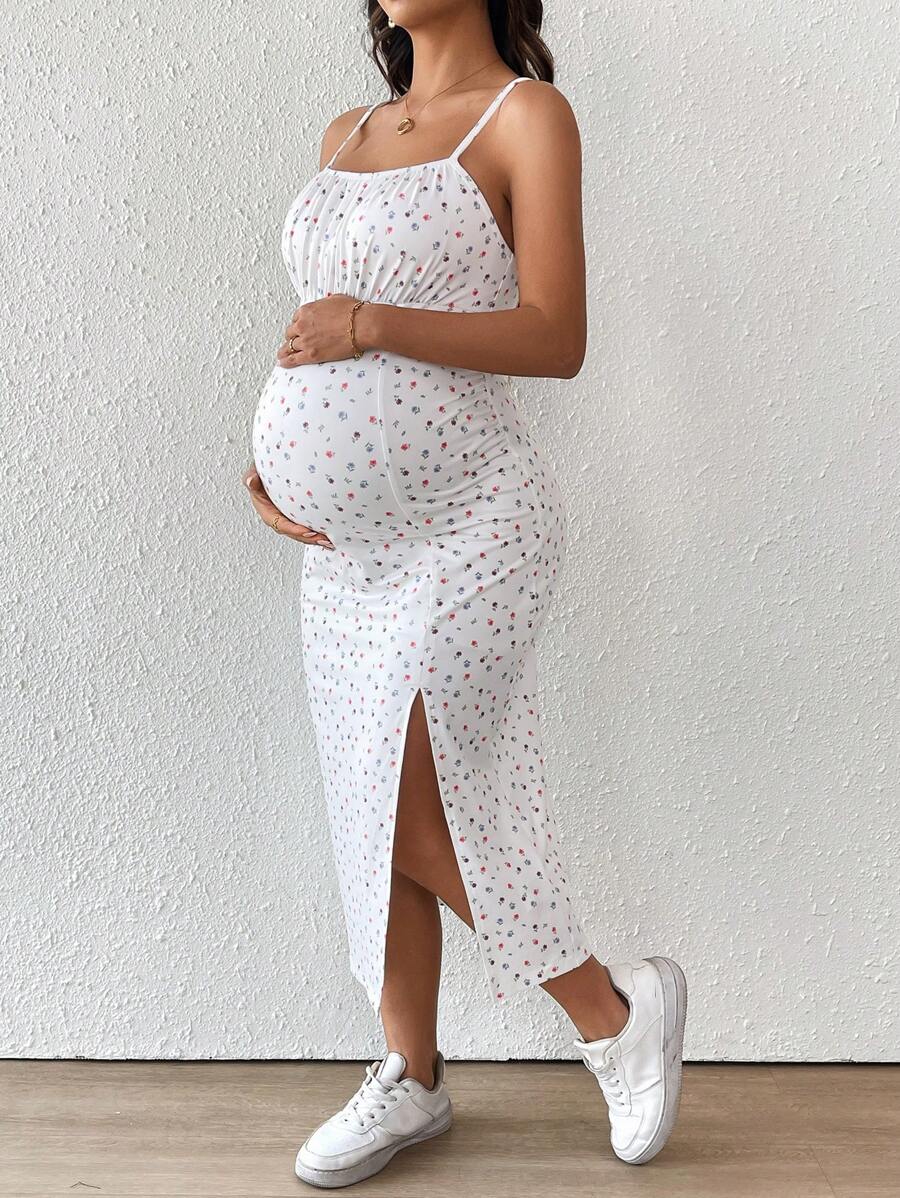 Maternity Floral Print Spaghetti Strap Side Slit Midi Dress Boho Slim Fit Geometric Cami Sun Dress for Home and Summer