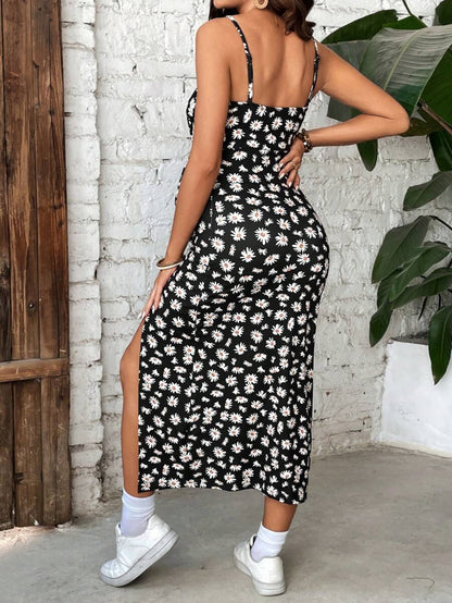 Maternity Daisy Print Slit Midi Cami Dress Sexy Backless Slim Fit Spaghetti Strap Boho Floral Summer Beach Holiday Outfit