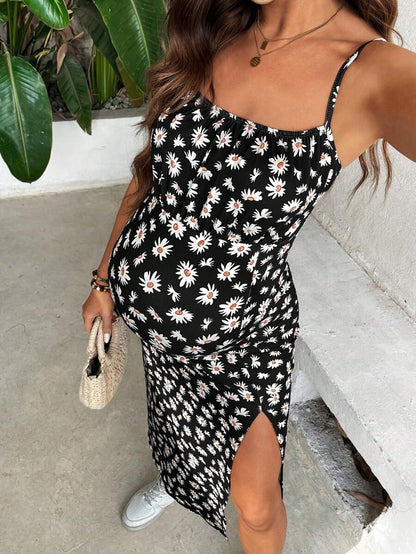 Maternity Daisy Print Slit Midi Cami Dress Sexy Backless Slim Fit Spaghetti Strap Boho Floral Summer Beach Holiday Outfit
