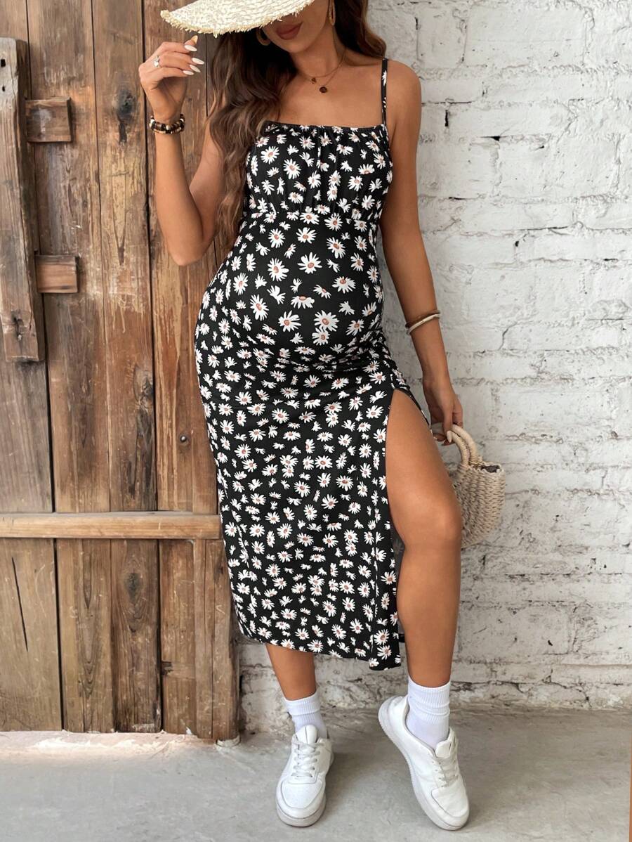 Maternity Daisy Print Slit Midi Cami Dress Sexy Backless Slim Fit Spaghetti Strap Boho Floral Summer Beach Holiday Outfit