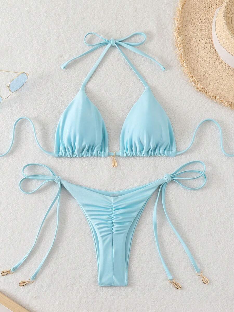 Swim Chiccia Women Spring Break Summer Beach Solid Color Halter Tie Sexy Bikini Swimsuit Set