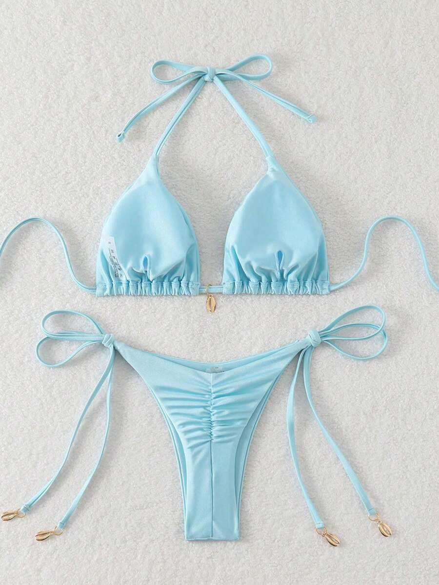 Swim Chiccia Women Spring Break Summer Beach Solid Color Halter Tie Sexy Bikini Swimsuit Set