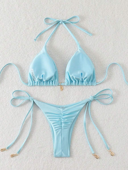 Swim Chiccia Women Spring Break Summer Beach Solid Color Halter Tie Sexy Bikini Swimsuit Set