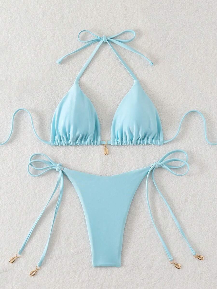 Swim Chiccia Women Spring Break Summer Beach Solid Color Halter Tie Sexy Bikini Swimsuit Set