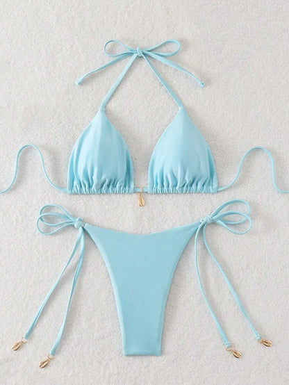 Swim Chiccia Women Spring Break Summer Beach Solid Color Halter Tie Sexy Bikini Swimsuit Set