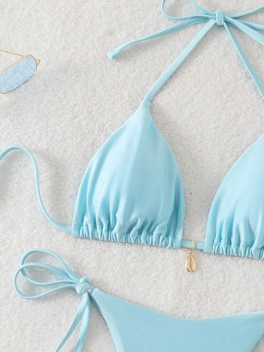 Swim Chiccia Women Spring Break Summer Beach Solid Color Halter Tie Sexy Bikini Swimsuit Set