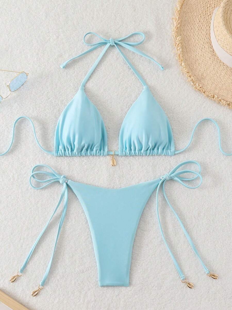 Swim Chiccia Women Spring Break Summer Beach Solid Color Halter Tie Sexy Bikini Swimsuit Set