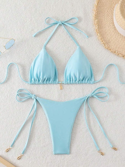 Swim Chiccia Women Spring Break Summer Beach Solid Color Halter Tie Sexy Bikini Swimsuit Set