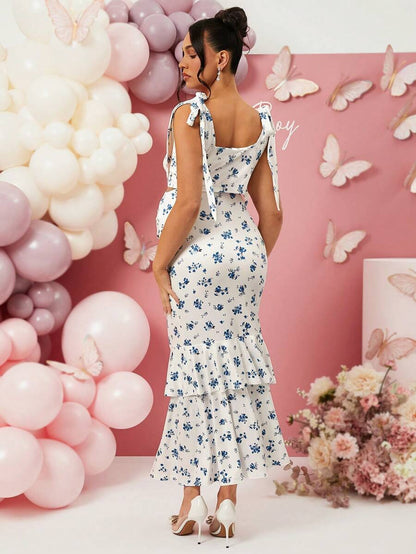 2 Piece Maternity Set Ditsy Floral Tank Top and A Line High Stretch Long Skirt for Baby Shower and Valentines Day Blue and White