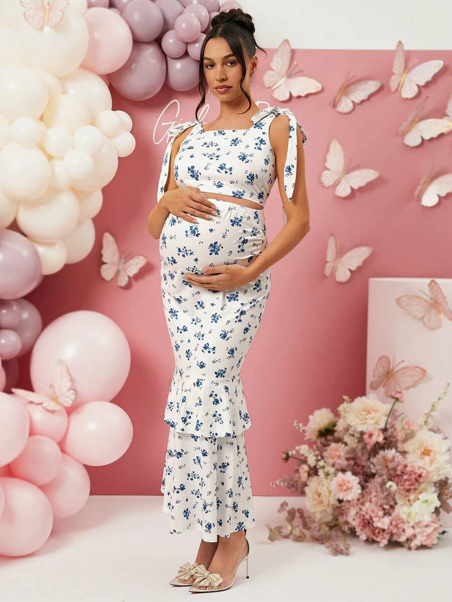2 Piece Maternity Set Ditsy Floral Tank Top and A Line High Stretch Long Skirt for Baby Shower and Valentines Day Blue and White