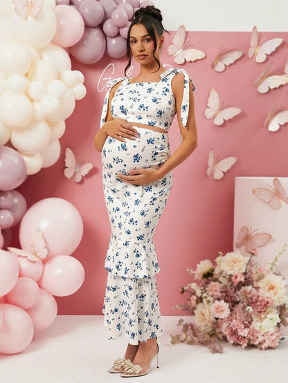 2 Piece Maternity Set Ditsy Floral Tank Top and A Line High Stretch Long Skirt for Baby Shower and Valentines Day Blue and White
