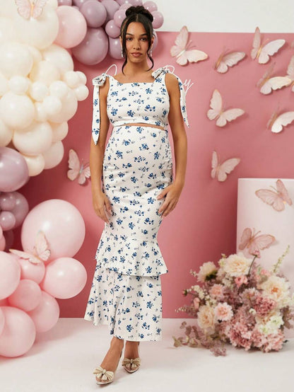 2 Piece Maternity Set Ditsy Floral Tank Top and A Line High Stretch Long Skirt for Baby Shower and Valentines Day Blue and White