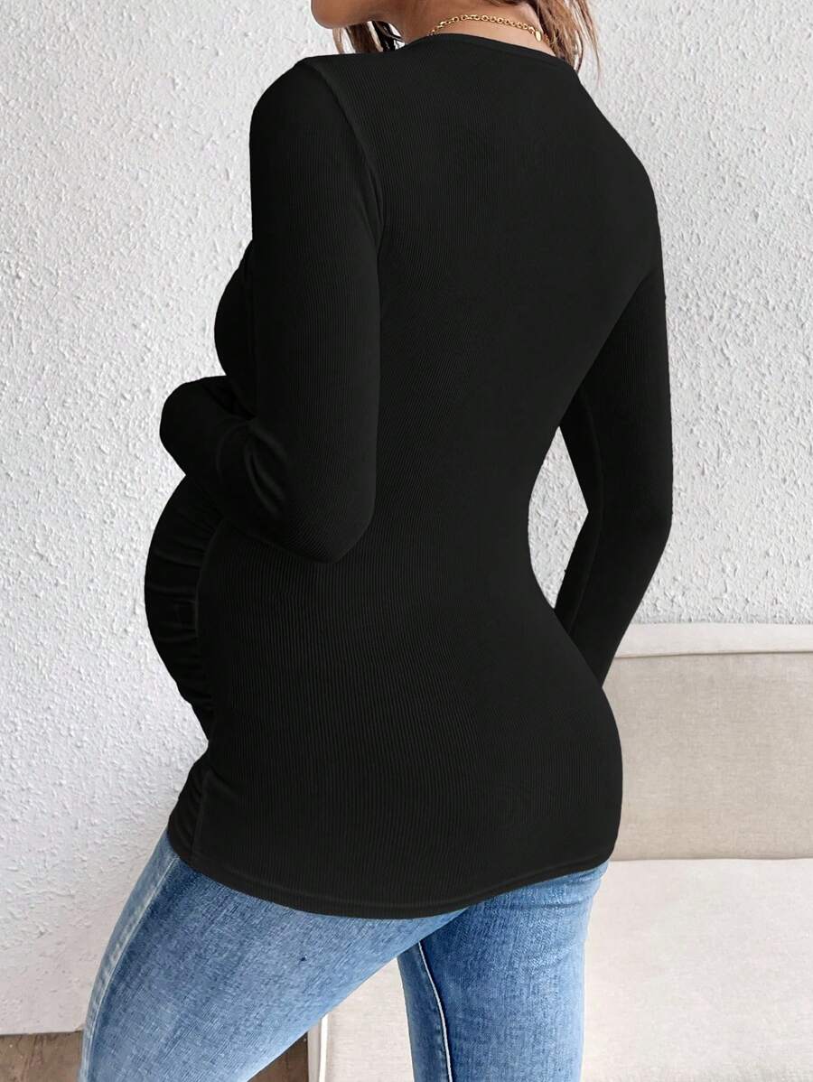 Maternity Solid Color Draped Neck Pleated Long Sleeve T-Shirt - Ribbed Pregnancy Top