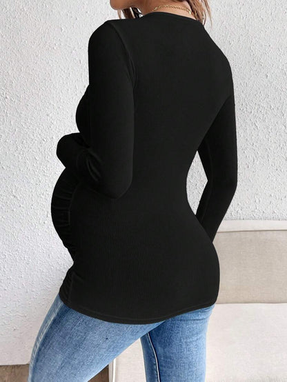 Maternity Solid Color Draped Neck Pleated Long Sleeve T-Shirt - Ribbed Pregnancy Top