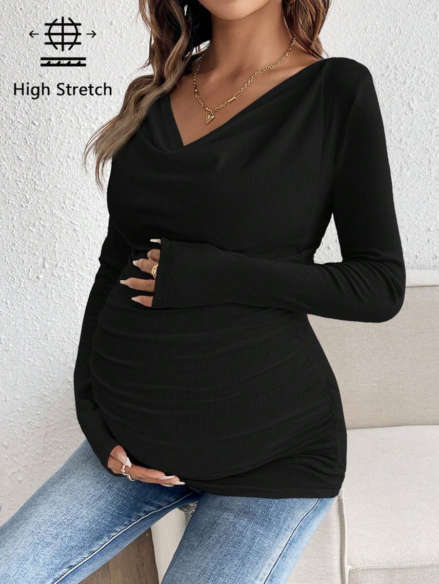 Maternity Solid Color Draped Neck Pleated Long Sleeve T-Shirt - Ribbed Pregnancy Top