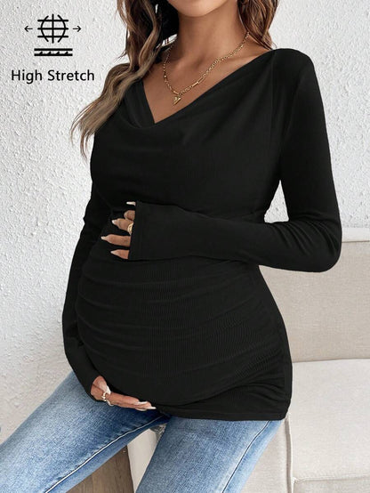 Maternity Solid Color Draped Neck Pleated Long Sleeve T-Shirt - Ribbed Pregnancy Top