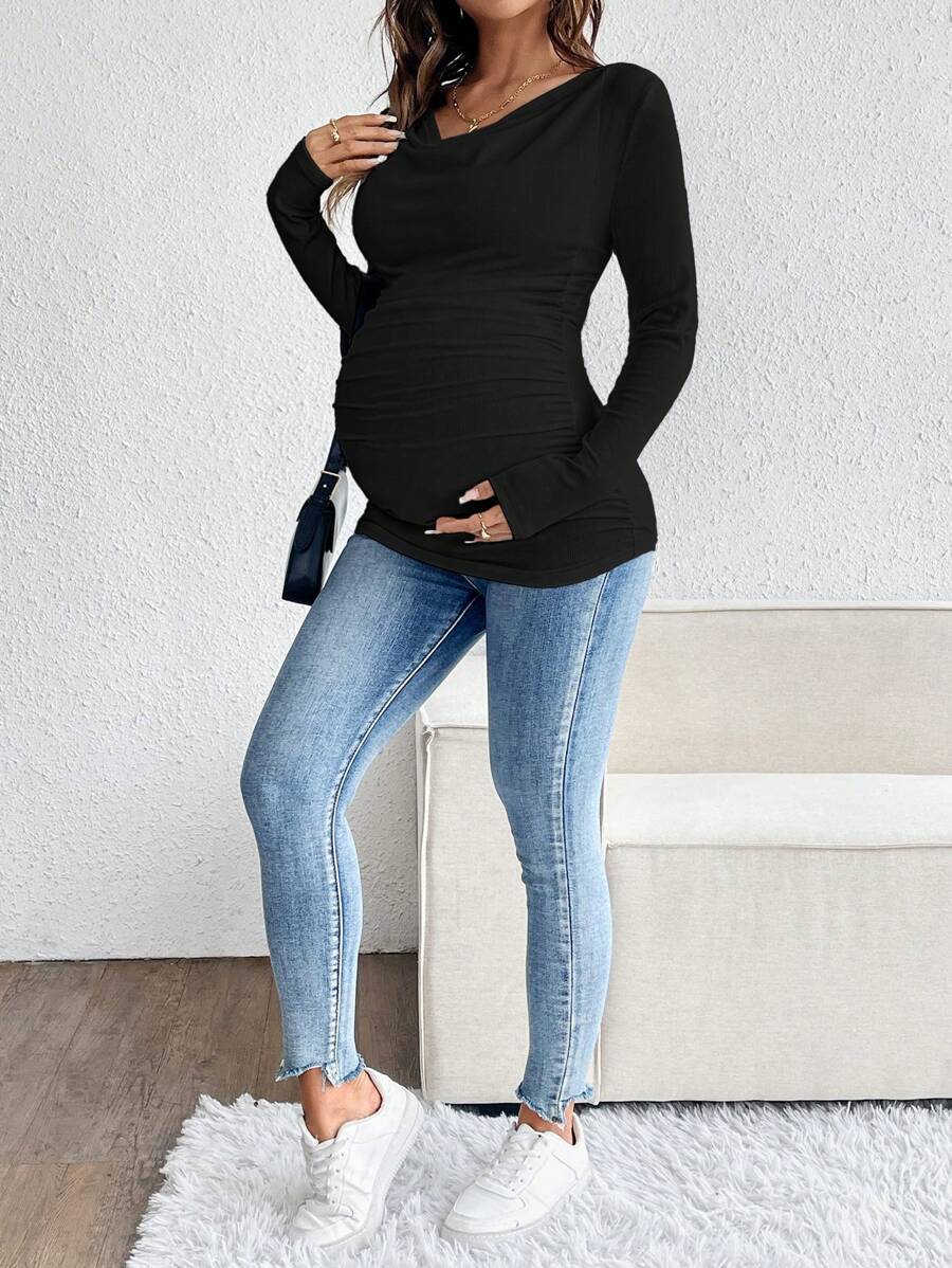 Maternity Solid Color Draped Neck Pleated Long Sleeve T-Shirt - Ribbed Pregnancy Top
