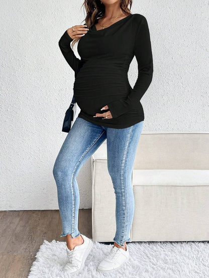 Maternity Solid Color Draped Neck Pleated Long Sleeve T-Shirt - Ribbed Pregnancy Top
