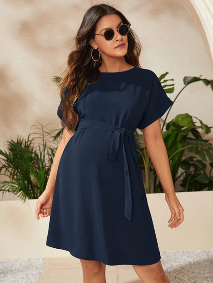 Maternity Short Batwing Sleeve Belted Tunic Dress, Casual High Waist Round Neck Flared Mini Outfit for Daily Wear, Apricot