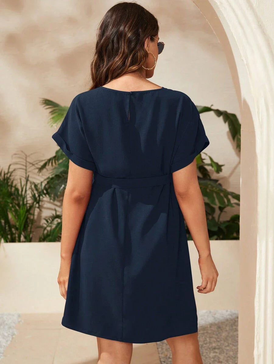 Maternity Short Batwing Sleeve Belted Tunic Dress, Casual High Waist Round Neck Flared Mini Outfit for Daily Wear, Apricot