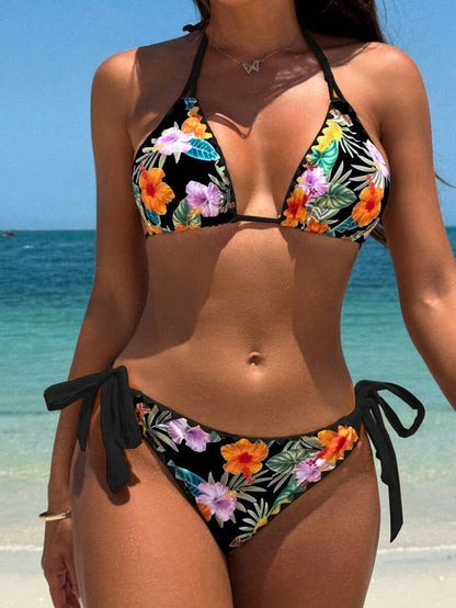 Swim Vcay Women's Tropical Plant Print Halter Neck Tie Sexy Bikini Set For Summer Beach, Random Print
