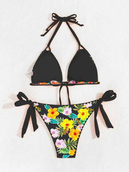 Swim Vcay Women's Tropical Plant Print Halter Neck Tie Sexy Bikini Set For Summer Beach, Random Print