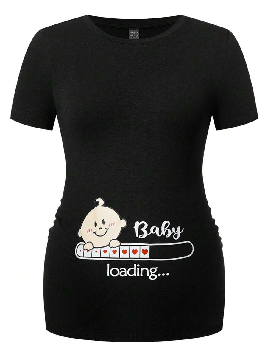 Black Slogan V Neck Ringer Tee - Slim Fit Short Sleeve Knitted Graphic T-Shirt - Soft Medium Stretch Casual Daily Basic Top