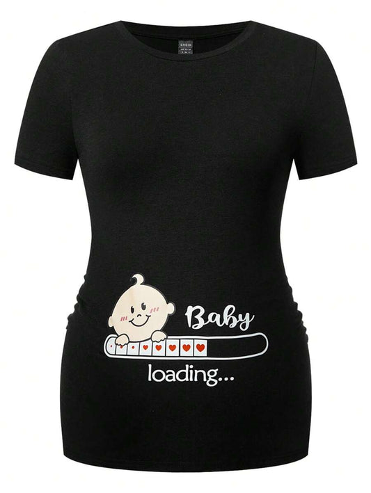 Black Slogan V Neck Ringer Tee - Slim Fit Short Sleeve Knitted Graphic T-Shirt - Soft Medium Stretch Casual Daily Basic Top