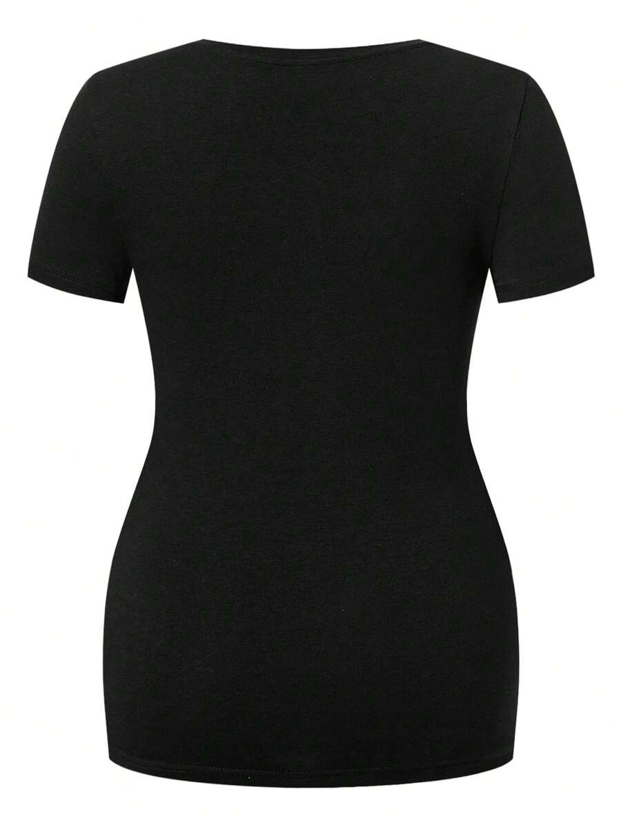 Black Slogan V Neck Ringer Tee - Slim Fit Short Sleeve Knitted Graphic T-Shirt - Soft Medium Stretch Casual Daily Basic Top