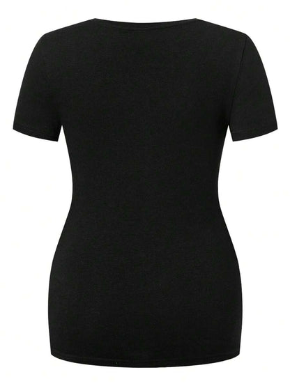 Black Slogan V Neck Ringer Tee - Slim Fit Short Sleeve Knitted Graphic T-Shirt - Soft Medium Stretch Casual Daily Basic Top