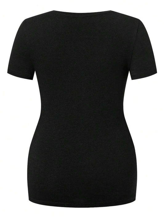 Black Slogan V Neck Ringer Tee - Slim Fit Short Sleeve Knitted Graphic T-Shirt - Soft Medium Stretch Casual Daily Basic Top
