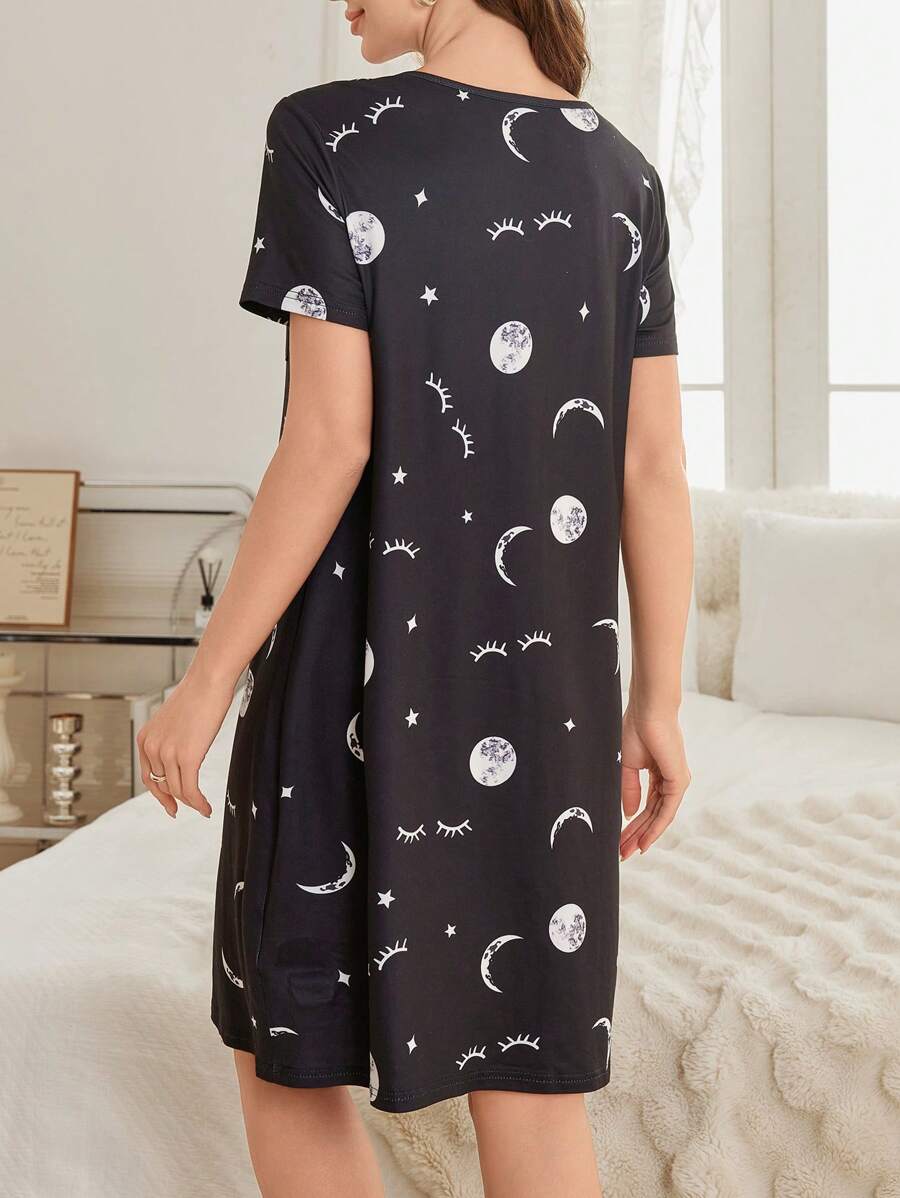 Maternity Starry Sky Print Nightgown Women Open Front Short Sleeve Casual Nursing Sleepwear Pajama Dress