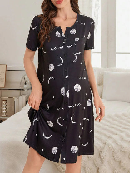 Maternity Starry Sky Print Nightgown Women Open Front Short Sleeve Casual Nursing Sleepwear Pajama Dress