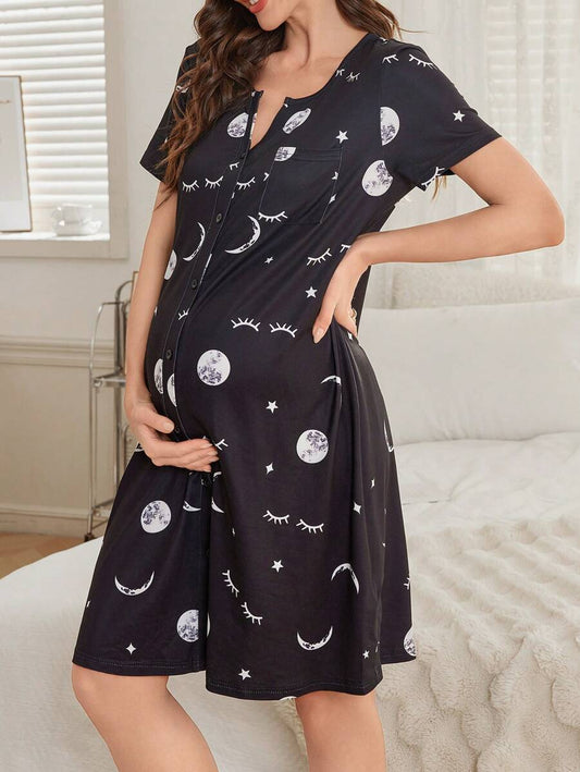 Maternity Starry Sky Print Nightgown Women Open Front Short Sleeve Casual Nursing Sleepwear Pajama Dress